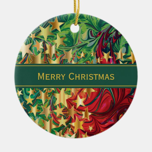 CHRISTMAS STARS Personalised Red Green Faux Gold Ceramic Ornament (Front)