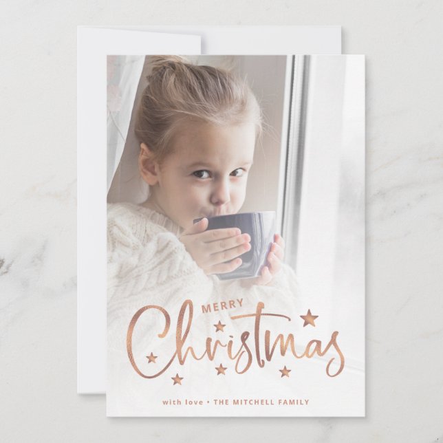 Christmas Stars | Rose Gold Script and Photo Holiday Card (Front)
