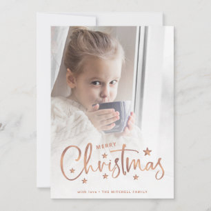 Christmas Stars Rose Gold Script and Photo Holiday Card