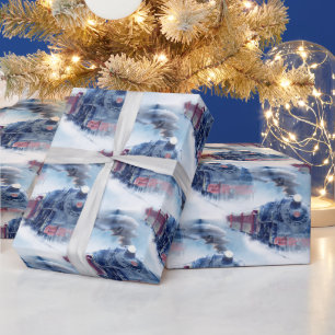 Christmas Steam Train Snowy Winter Landscape Blue Wrapping Paper