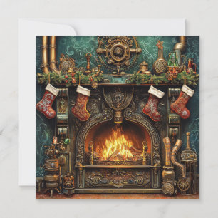 Christmas Steampunk Fireplace Greeting Card