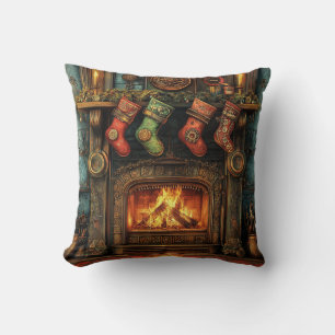 Christmas Steampunk Fireplace Throw Pillow
