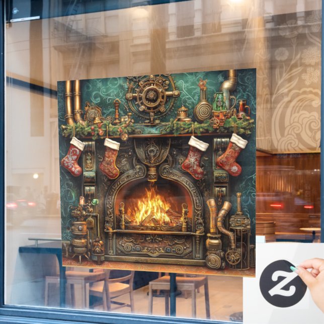 Christmas Steampunk Fireplace Window Cling (Cafe Window)
