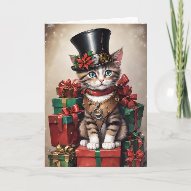 Christmas Steampunk Tabby Kitten Card (Front)