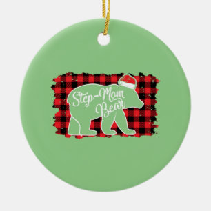 Christmas Step Mum Bear Christmas Red Plaid Buffal Ceramic Ornament