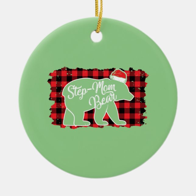 Christmas Step Mum Bear Christmas Red Plaid Buffal Ceramic Ornament (Front)