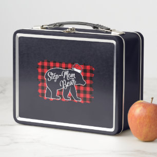 Christmas Step Mum Bear Christmas Red Plaid Buffal Metal Lunch Box