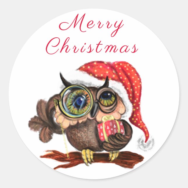 Christmas Sticker Baby Owl with Gift (Front)