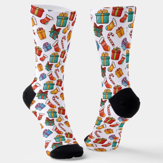 Christmas Sticker Collection Pattern Crew Socks (Angled)