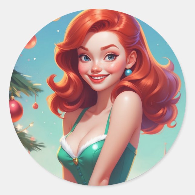 Christmas Sticker Pin-up girl, Redhead ROUND (Front)