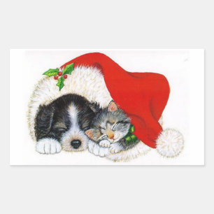 Christmas Sticker/Puppy and Kitten Rectangular Sticker