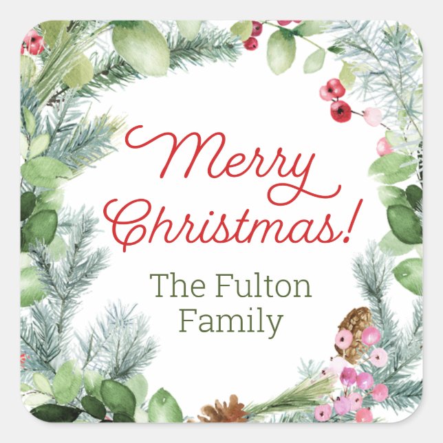 Christmas stickers, greenery and berries wreath square sticker (Front)