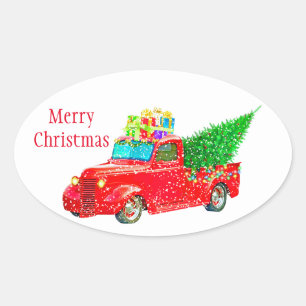 Christmas Stickers-Red Truck Oval Sticker