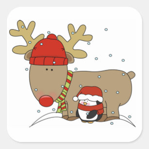 Christmas Stickers/Rudolph and a Penguin Square Sticker