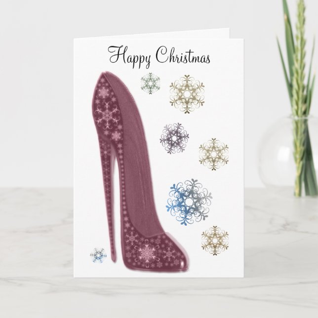 Christmas Stiletto Shoes and Snowflakes Art Holiday Card (Front)