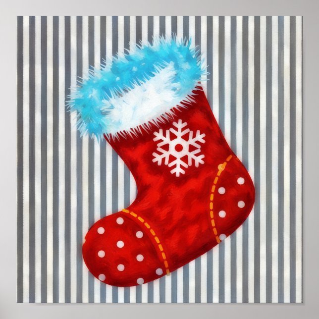 Christmas Stocking Art Poster on Stripes (Front)