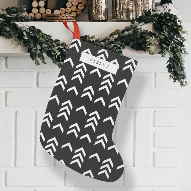 Christmas Stocking | Black White Geometric Chevron (Black and white geometric Christmas stocking by Guava, featuring custom name typewriter font design)