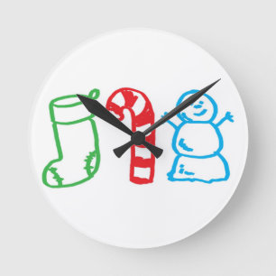 Christmas Stocking Candy Cane and Snowman Round Clock