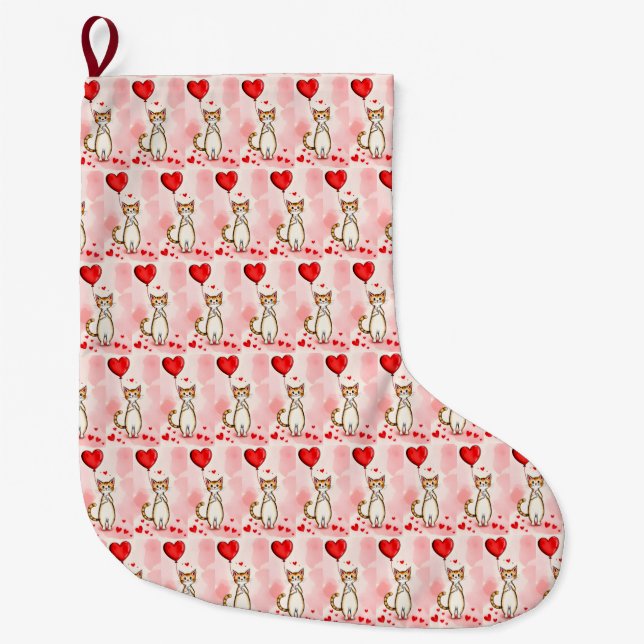 Christmas Stocking, Cat Red Hearts Love Large Christmas Stocking (Front)