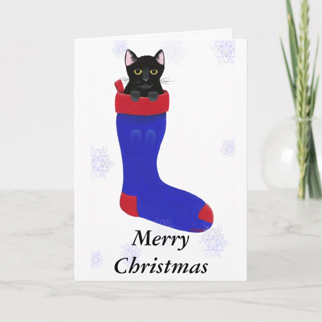 Christmas Stocking Cat Snowflakes Greeting Cards (Front)