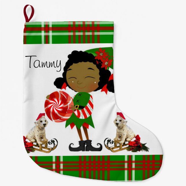 Christmas Stocking, Christmas African Elf Large Christmas Stocking (Front)