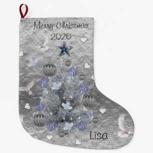 Christmas Stocking, Christmas Blue Silver Tree Large Christmas Stocking