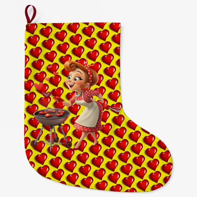 Christmas Stocking, Cooking Red Hearts Love Large Christmas Stocking (Front)