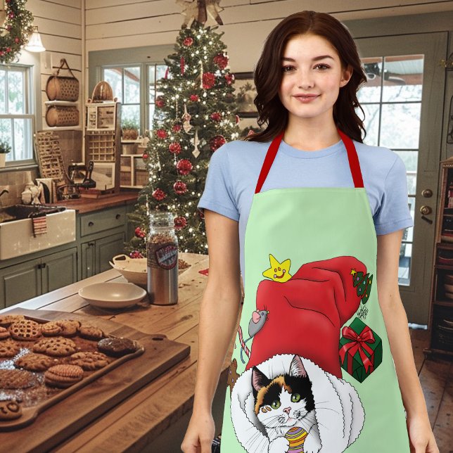 Christmas Stocking Cute Calico Kitten Apron (Creator Uploaded)