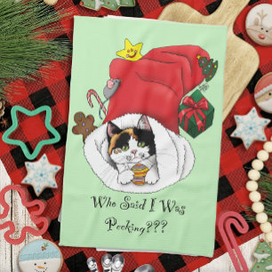 Christmas Stocking Cute Calico Kitten Tea Towel