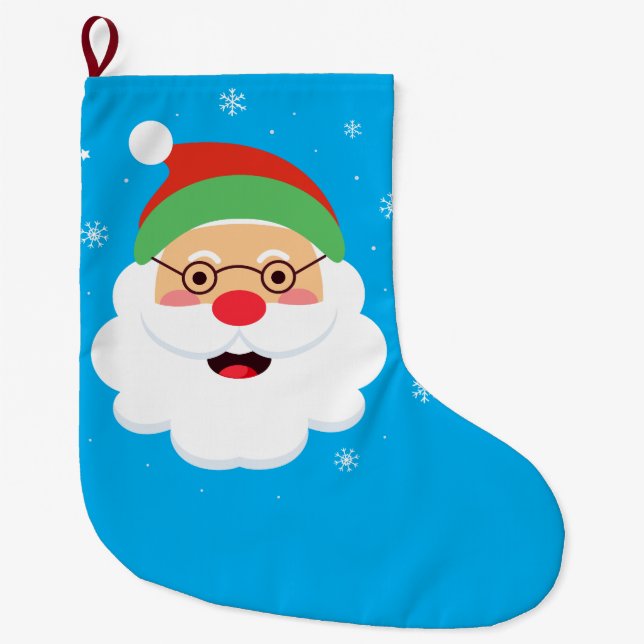 Christmas Stocking Cute Santa Face Blue Snowflake (Front)