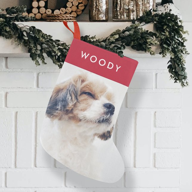 Christmas Stocking | Dog Photo Modern Stylish Red (Dog photo Christmas stocking by Guava, featuring a modern red design and custom pet name)