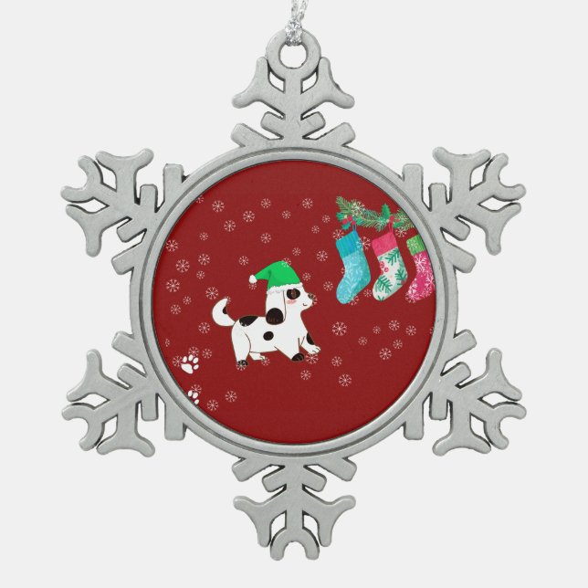 Christmas Stocking Dog Snowflake Pewter Christmas Ornament (Front)