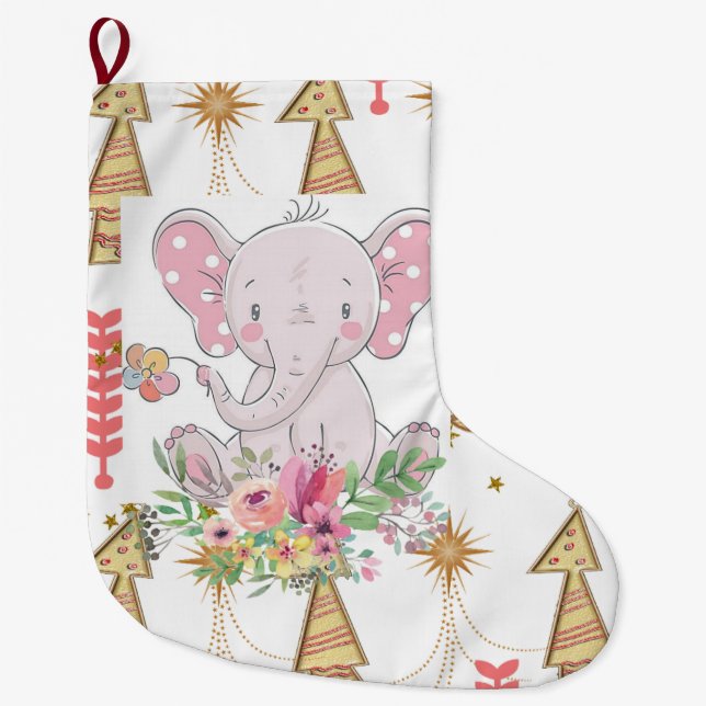 Christmas Stocking, Elephant Gold Trees Floral Large Christmas Stocking (Front)
