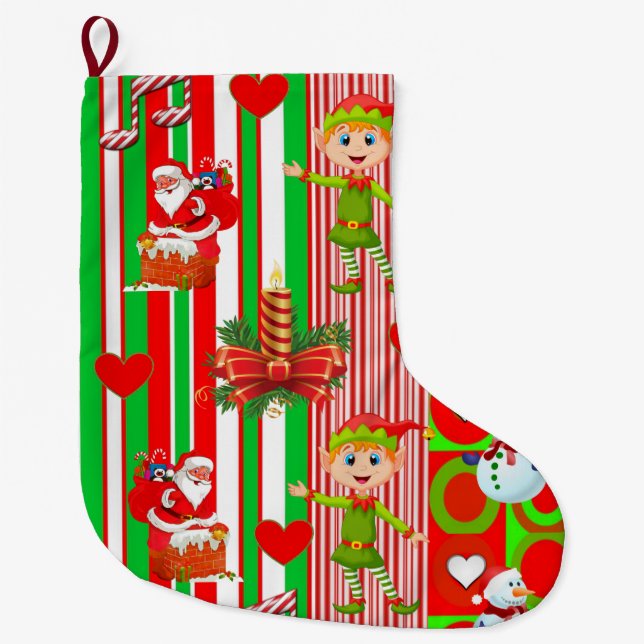 Christmas Stocking, Elf Stripe Santa Claus Large Christmas Stocking (Front)