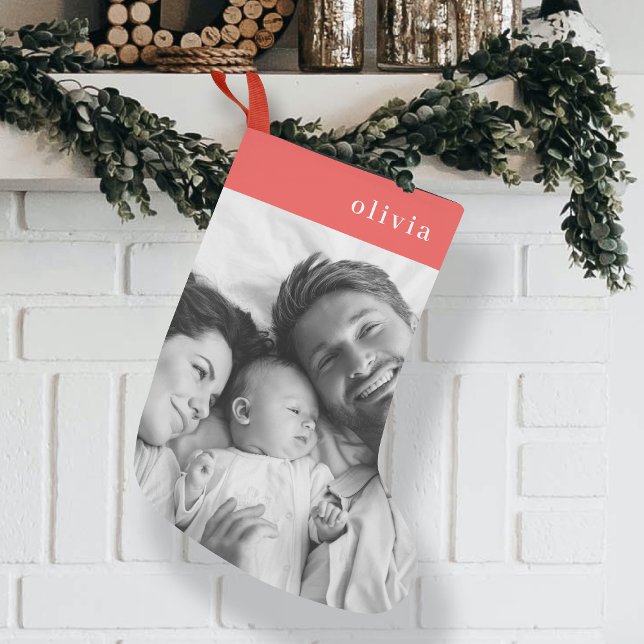 Christmas Stocking | Family Modern Stylish Photo (Modern family photo Christmas stocking by Guava, featuring coral orange red colour & white font)