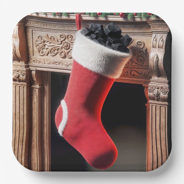 Christmas Stocking Filled With Coal Paper Plate (Front)