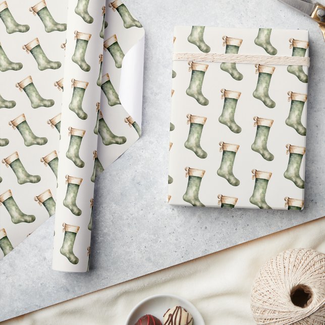 Christmas Stocking Gift Wrapping Wrapping Paper (Classic Green Christmas Stocking Gift Holiday Wrapping Paper by Painted Paperie
)