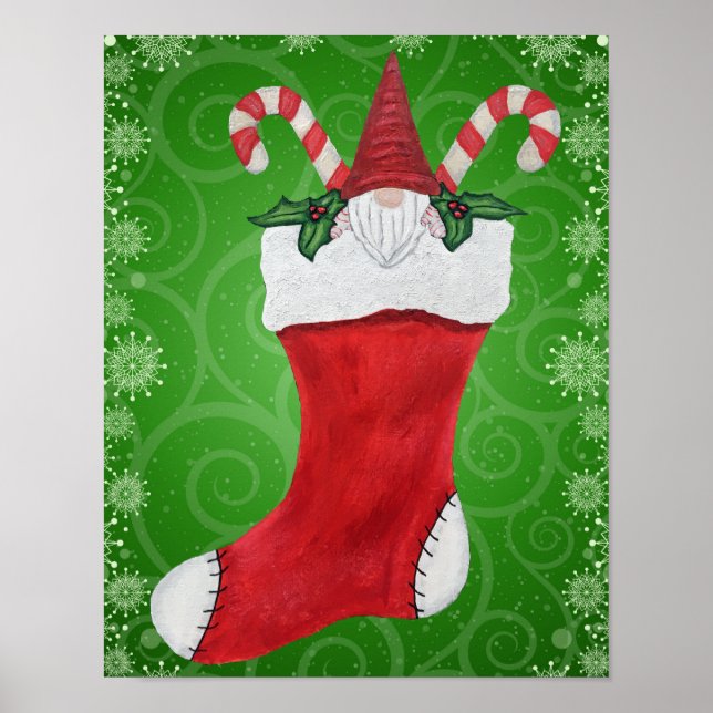 Christmas Stocking Gnome Candy Canes Snowflakes Poster (Front)