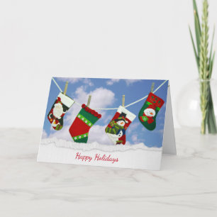 Christmas stocking hanging on clothesline holiday card
