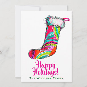 Christmas Stocking Happy Holidays Boho Cute Pink Holiday Card