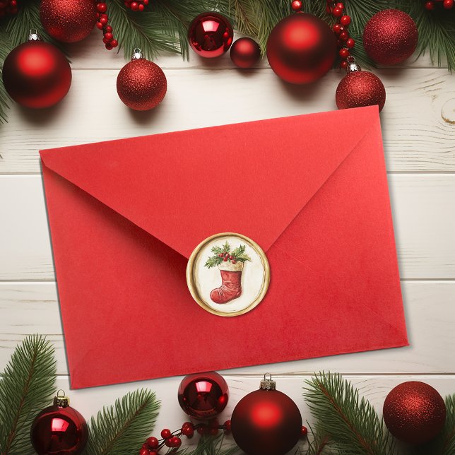 Christmas Stocking Holly Faux Wax Classic Round Sticker (Christmas Stocking Holly Faux Wax Classic Round Sticker)
