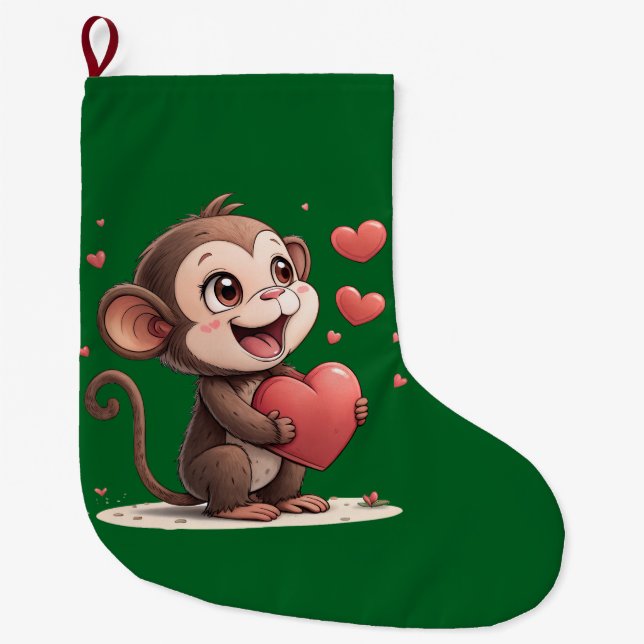 Christmas Stocking, Monkey Red Hearts Love Large Christmas Stocking (Front)