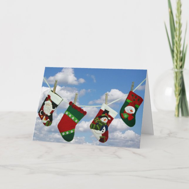 Christmas stocking on clothesline holiday card (Front)