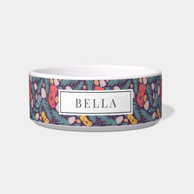 Christmas Stocking Pattern Holiday Name Pet Bowl (Front)