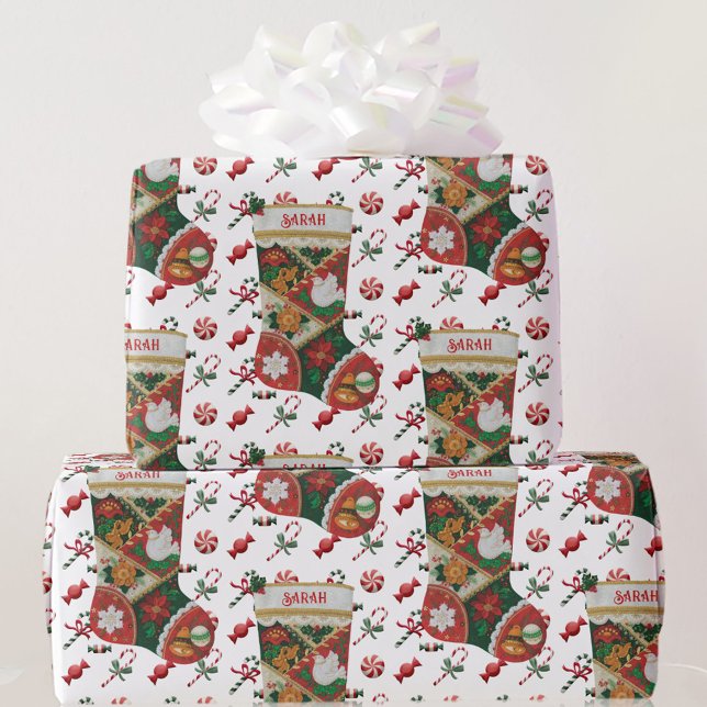 Christmas Stocking Personalise Child's Name Gift Wrapping Paper (Creator Uploaded)