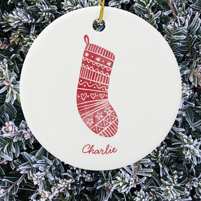 Christmas Stocking Personalised Name Red White Ceramic Ornament (Personalized script name Scandinavian Christmas stocking red and white ornament)