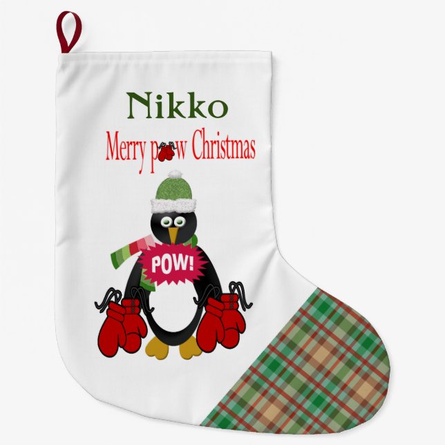 Christmas Stocking, Plaid Boxing Penguin Pow  Large Christmas Stocking (Front)