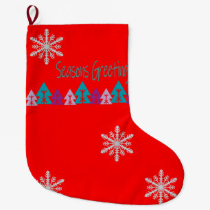 Christmas Stocking, Seasons' Greetings Red Flakes Large Christmas Stocking