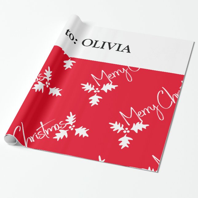 Christmas Stocking Style Modern Red Add Name Wrapping Paper (Unrolled)