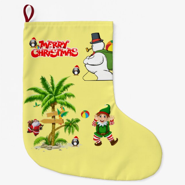 Christmas Stocking, Summer Beach Santa Large Christmas Stocking (Front)
